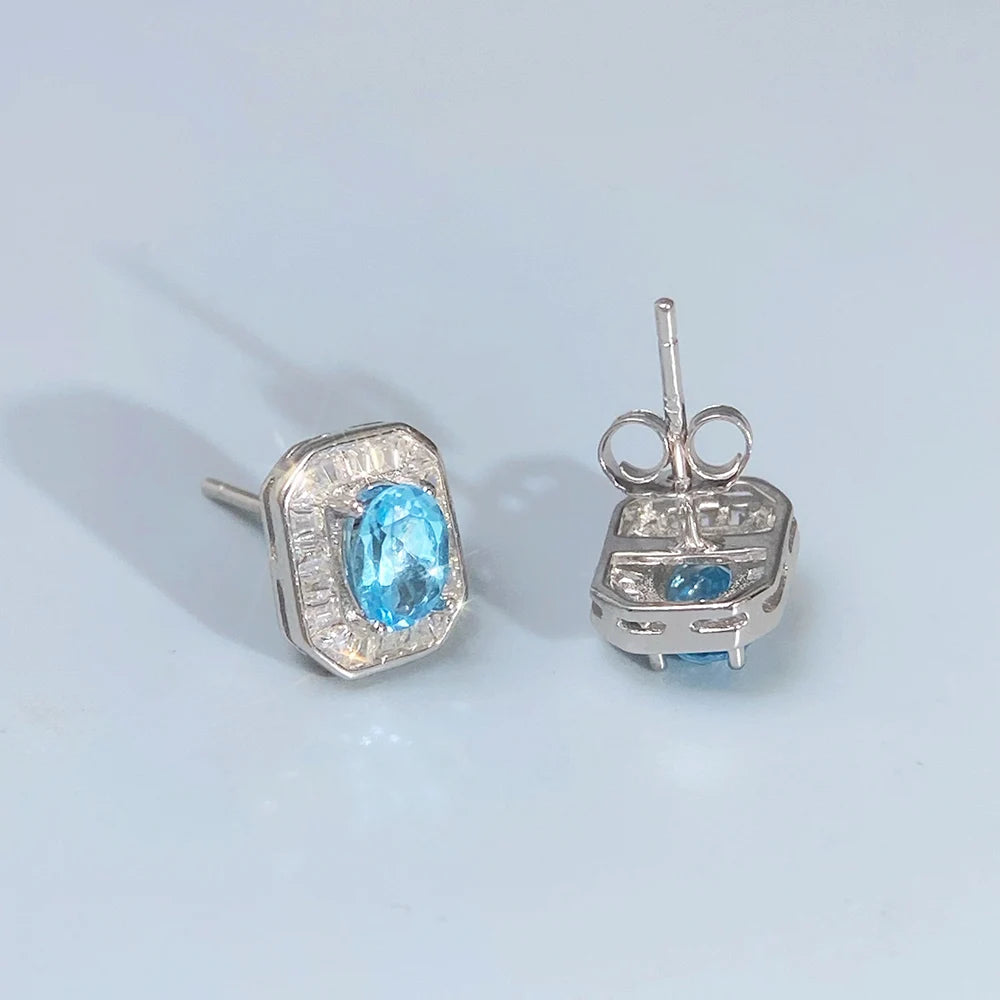 Gioiellieri Natural Swiss Blue Topaz Stud Earrings with S925 Sterling Silver for Women Classic Gemstone Jewelry Birthday Gift for Her Fine