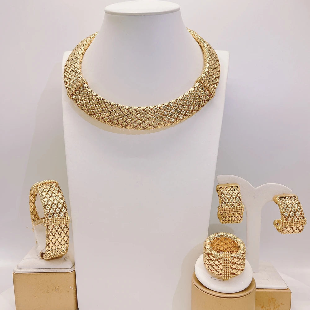 Zhuerrui Italian Jewelry Set Brazilian Gold Plated Brass Jewelry Sets Wedding Party Necklace Bracelet Earrings Ring Jewellery