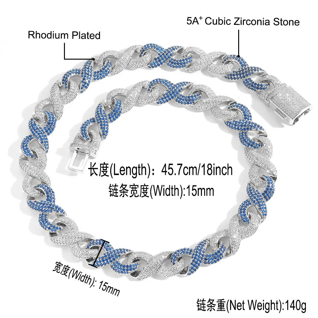 Men's Fashion Hip Hop 15mm Two-Color Infinite 8 Character Cuban Chain Necklace with Iced Zircon Jewelry Bracelet Necklace Set