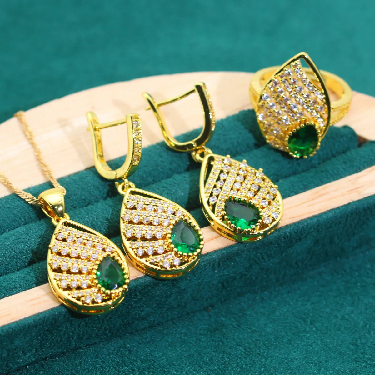 XOTICA Luxurious Green Zircon Bracelet Earrings Necklace Open Ring Set Women's Gold Color Jewelry for Party Halloween-Luxury Gifts