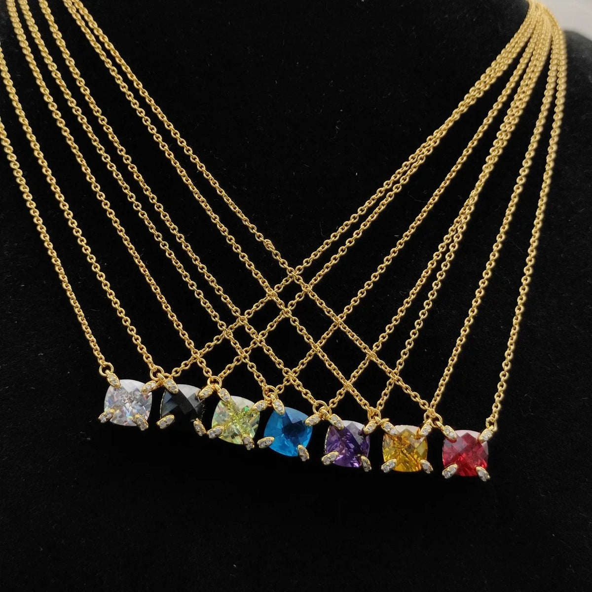 Gemfiori DY High-Quality Silver-Plated 8mm Four-Prong Diamond Necklace. Gold-Plated 8mm Colored Gemstone Necklace. Jewelry.