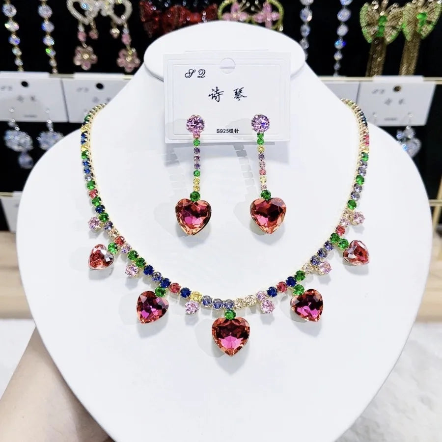 K093 Wholesale Women Trendy Luxurious Heart Multi Zircon Bridal Necklace Earrings Set Wedding Elegant Jewelry Set