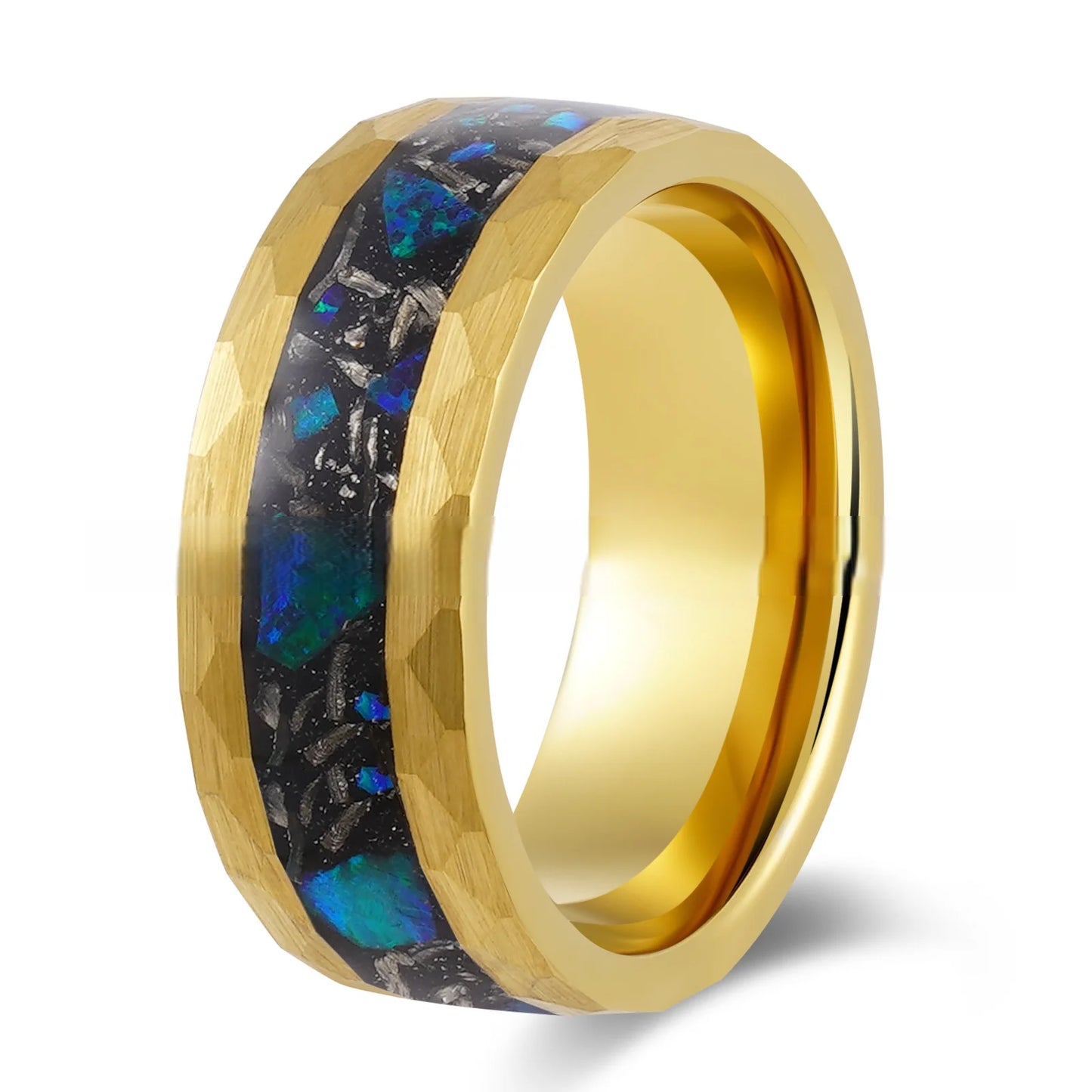 New Classic Unisex 18K Gold Plated Hammered Tungsten Steel Ring 8mm with Inlaid Blue-Green Opal Meteorite