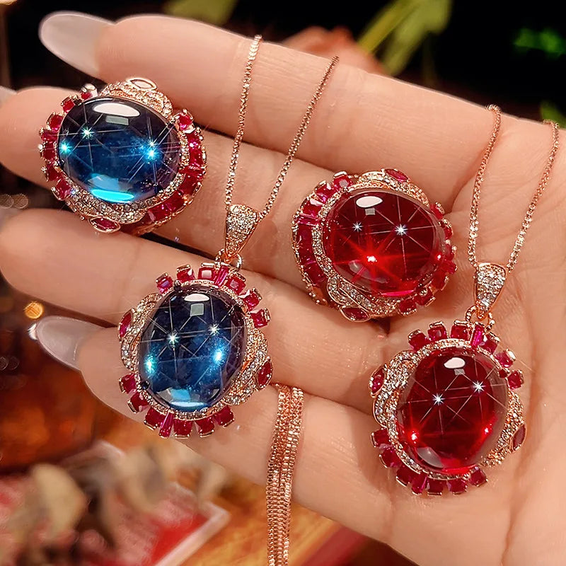 REDheart Fashion Inlaid Zircon Flower Shape 18K Gold Plated Simulation Blue Pointed Crystal Advanced Luxury Necklace Set