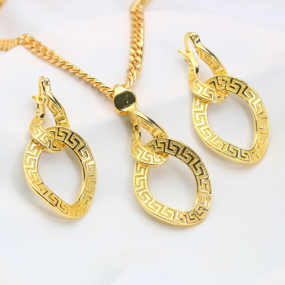 XOTICA Luxury Gold-Toned Arabesque Teardrop Jewelry Set Opulent Middle Eastern Style Wedding Party Necklace Pendant Earrings