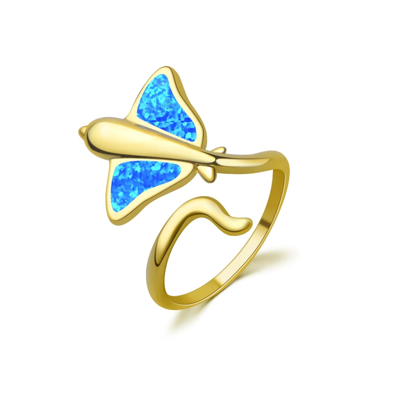 Flower-Shaped Blue Opal Batfish Ring | Iridescent Gem Inlay Band | Modern Silver/Gold Plated Women's Trendy Fashion Jewelry