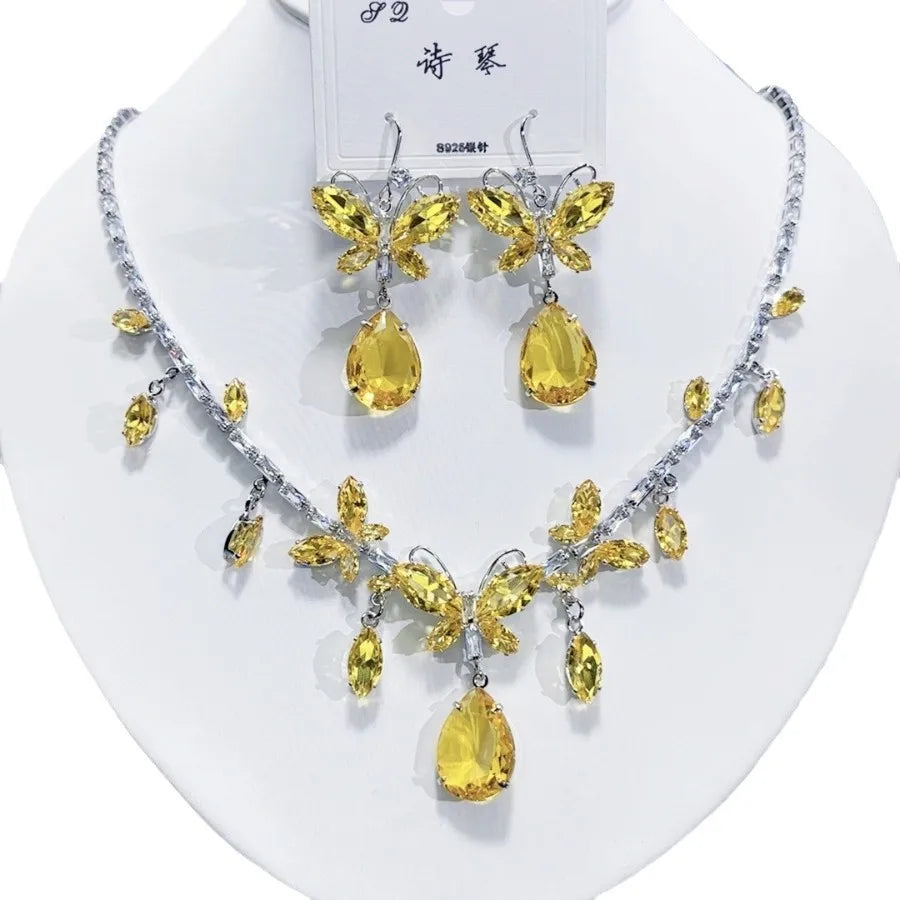 K080 Women Trendy Luxurious Yellow Zircon Butterfly Bridal Necklace Earrings Set Wedding Elegant Jewelry Set