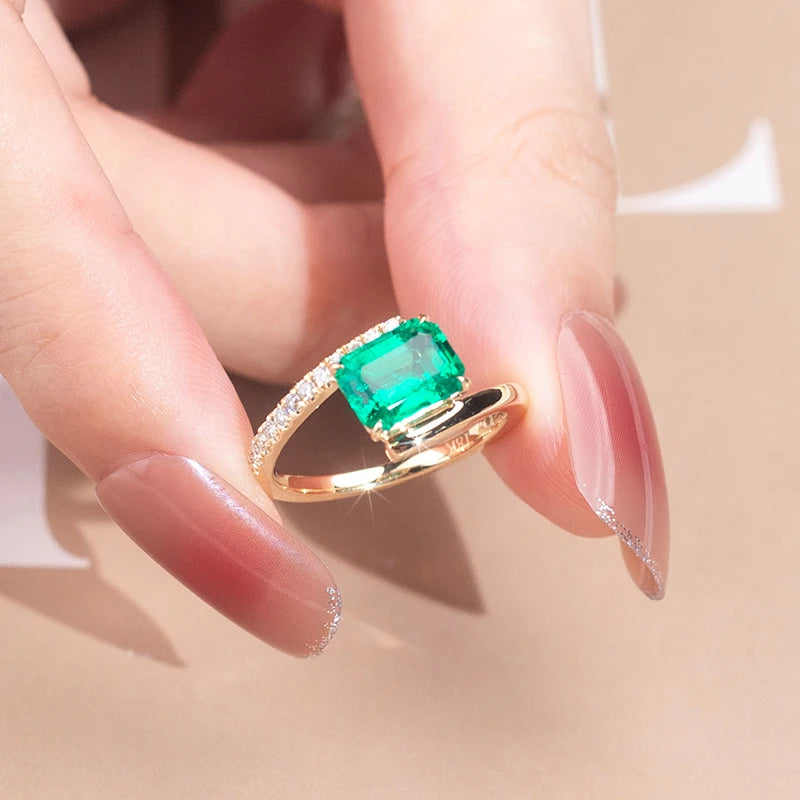 Messi Jewelry  MSR-1159 18K Yellow Solid Gold Lab Grown Emerald Ring