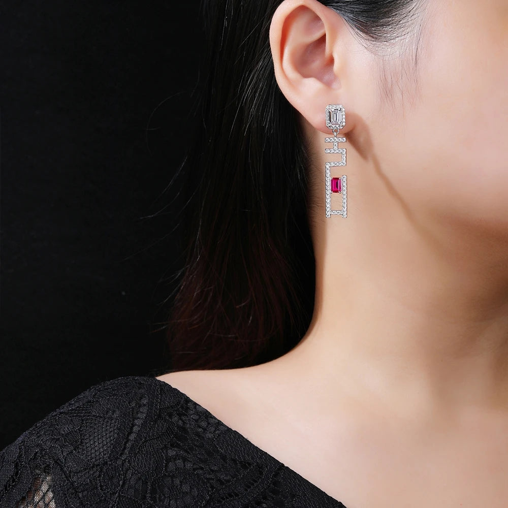 SILVERELLI Red Sapphire & Diamond Asymmetrical Stud Earrings | S925 Sterling Silver | Light Luxury