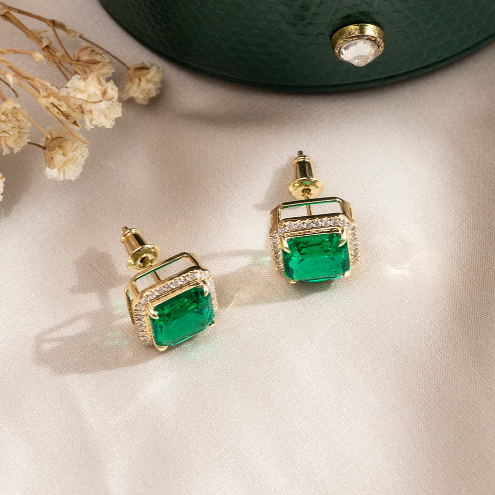 Custom Jewelry MSE-797 Fashion Earring Jewelry 18K Yellow Gold Lab Grown Emerald Stud Earrings