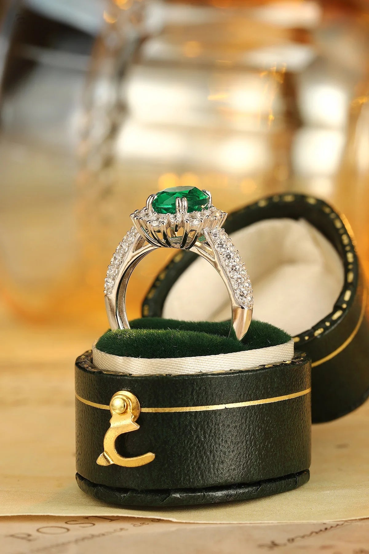 Gemfiori Vintage Rhodium Lab Grown Emerald Engagement Ring for Women 925 Silver Gemstone Birthstone Synthetic Diamonds Wedding
