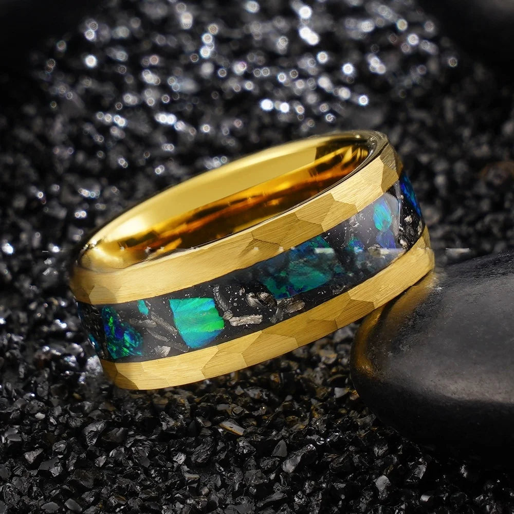 New Classic Unisex 18K Gold Plated Hammered Tungsten Steel Ring 8mm with Inlaid Blue-Green Opal Meteorite