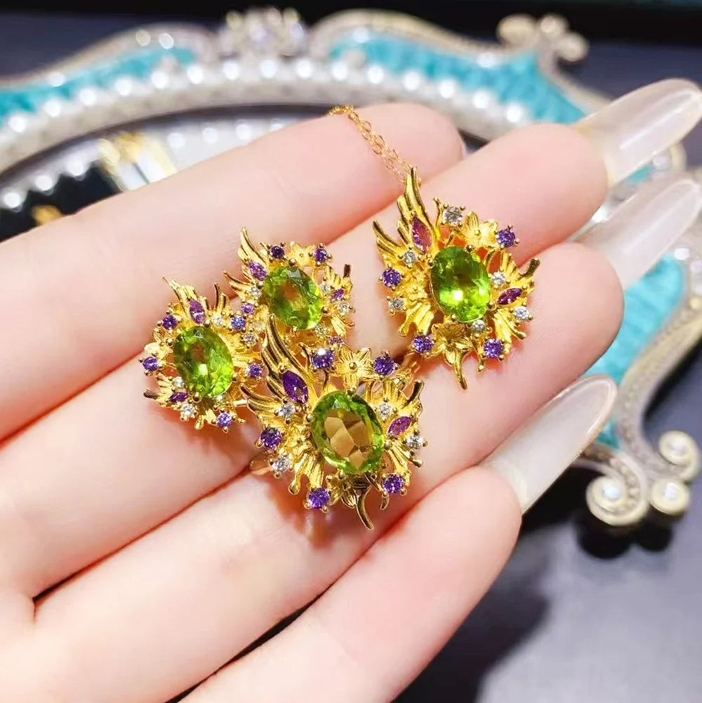 REDheart Luxury Gold Plated 925 Sterling Silver Natural Peridot Necklace Ring Kids Jewelry Set Wedding Party Birthday Gifts