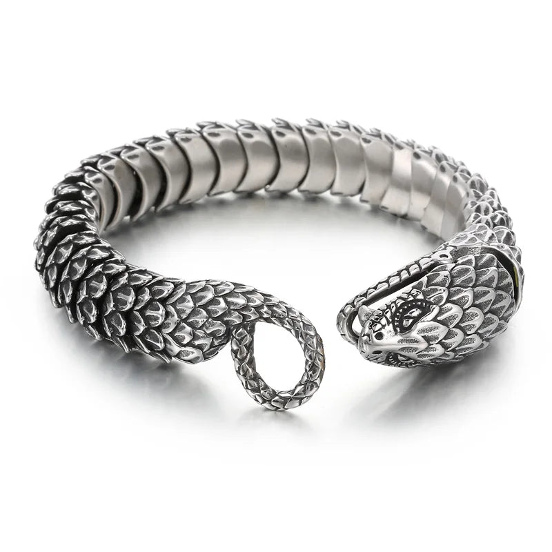 REBEL 220mm Men Punk Oxidized Black/Silver/Gold Stainless Steel Feathers Snake Links Bracelet