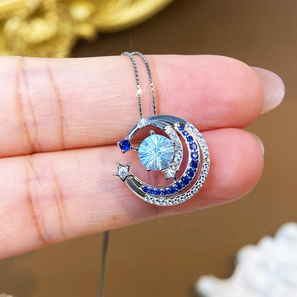 Gioiellieri Luxury Natural Sky Blue Crystal Necklace Round Fireworks Cut S925 Sterling Silver Gold Plated Rhodium Plated Charm Pendant Gift