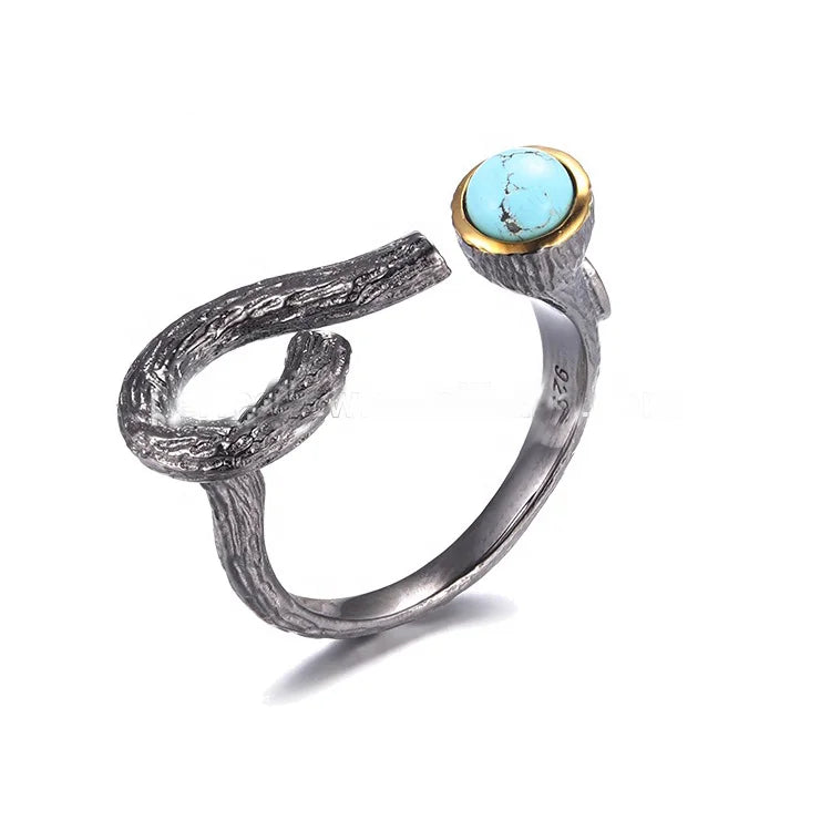 Natural Turquoise Bark Grain 925 Sterling Silver Ring with Gold Plated