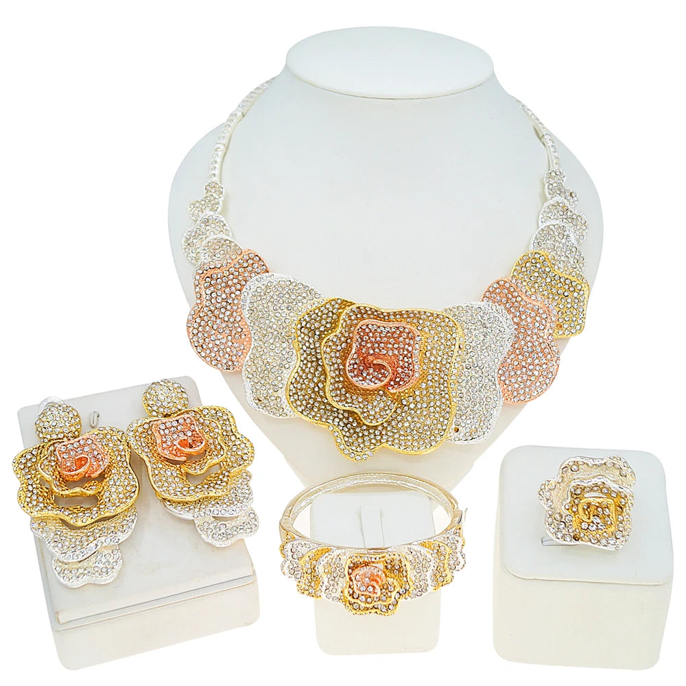 Zhuerrui Rhinestone Paved Rose Flower Jewelry Set for Wedding Multi-color Crystal Floral Statement Jewelry Sets HS2550139