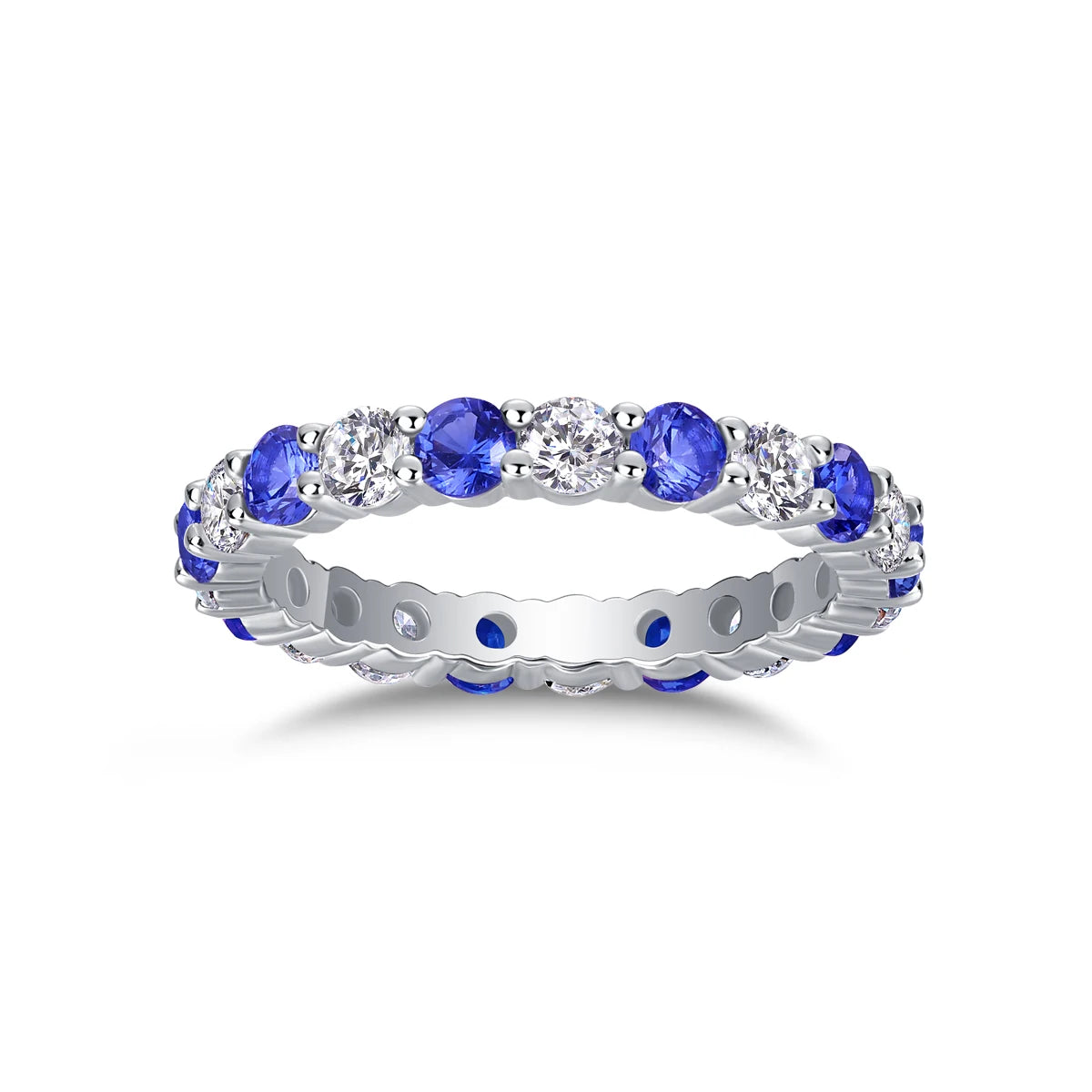 Blue Sapphire and Moissanite Alternating Full Eternity Ring 925 Silver Prong Set Stackable Wedding Band