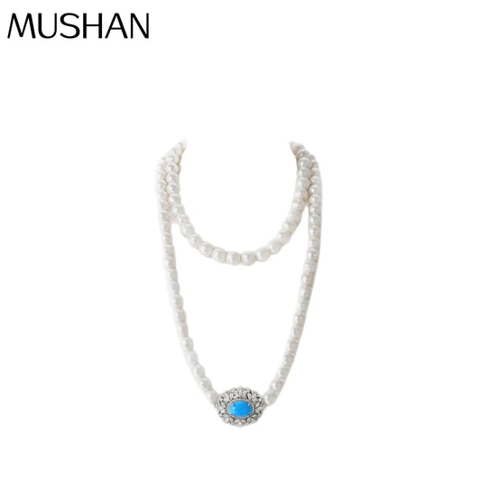 MUSHAN Jewelry Factory S925 Pearl Necklace Women High End Electroplated Gold High Carbon Diamond Blue Turquoise 8mm Accessory