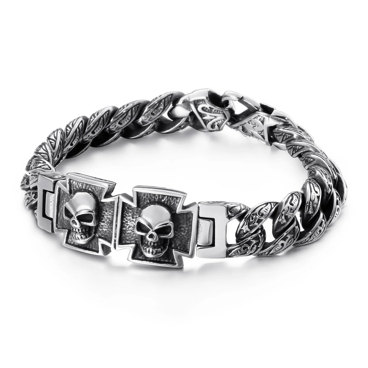 VIKING Mens Retro Skull Charm Bracelet – Silver Stainless Steel