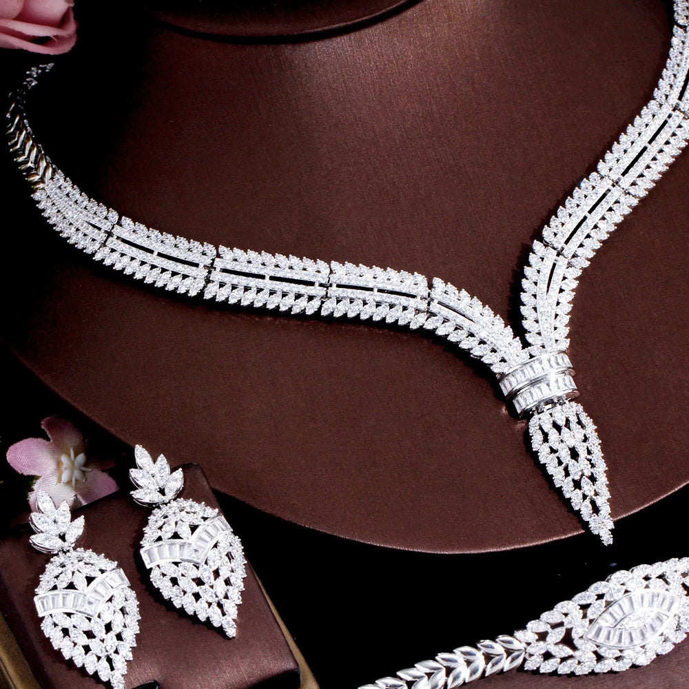 4pcs Elegant Luxury Shiny Cubic Zirconia Women Wedding Costume Necklace Earring Ring Festival Brides Jewelry Sets Accessories