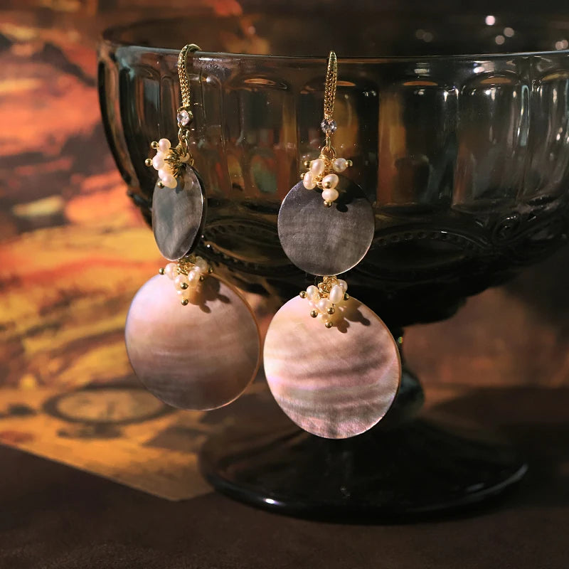 Natural Pearl 2 Pieces Black Shell Pendant Earrings Handmade Design Personality Earrings Banquet Women's Jewelry GE1817B