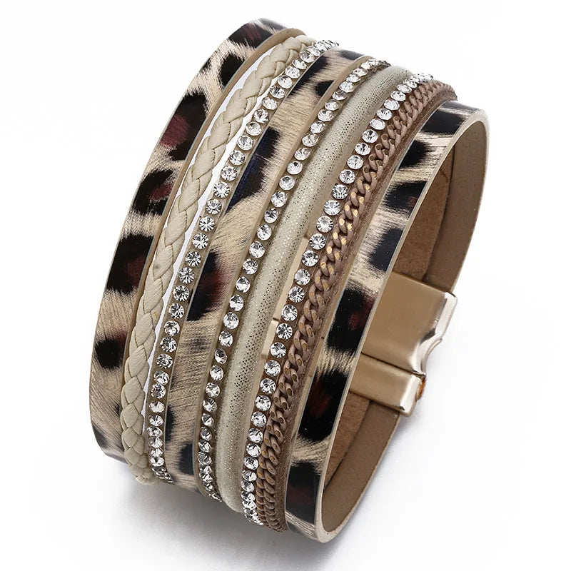 FASHIONISTA Hot Selling Fashion European and American Brick Inlaid PU Leather Magnetic Buckle Natural Leopard Print Ladies Bracelet