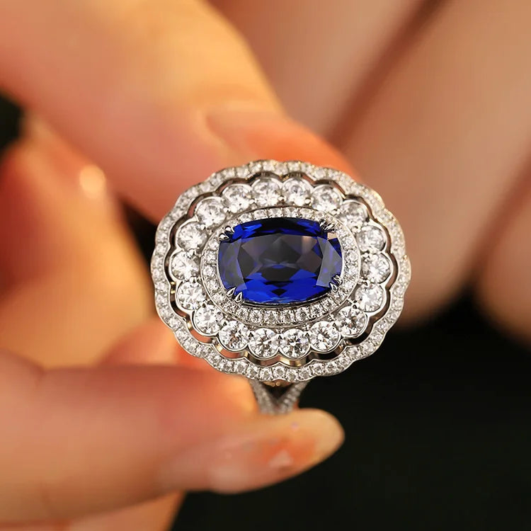 Gemfiori Handmade Triple Halo Ring for Women Sterling 925 Silver Lab Grown Sapphire Rings Gift Idea Wedding Jewelry