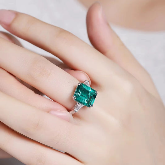 Gemfiori 3 Stones Engagement Rings Silver 5CT 8 Carat Emerald Cut Three Stone Rings for Women Diamond Jewelry Vintage