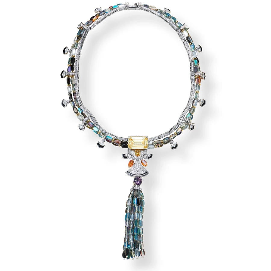 Luxurious and Colorful Cubic Zirconia Brass Necklace Earrings with Tassel Enamel Craftsmanship Suitable for Women's Accessories