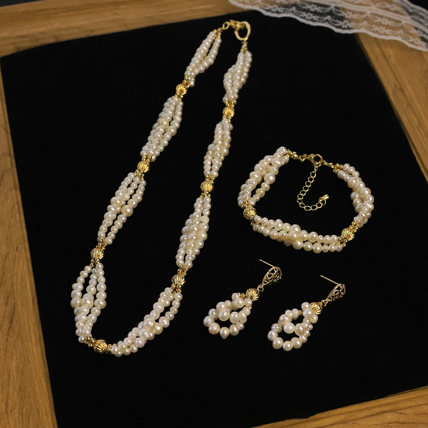 GLSEEVO Natural Freshwater Pearl Dainty Bridal Necklace & Bracelet Set — Wedding & Bridesmaid Gift | White