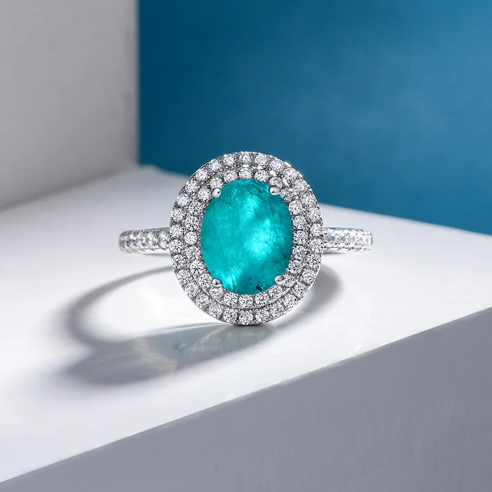 MUSHAN Jewelry Factory 3 Carat Pigeon Egg 8*10 Paraiba Blue Imitation Gemstone Ring S925 Sterling Silver Women Diamond Ring