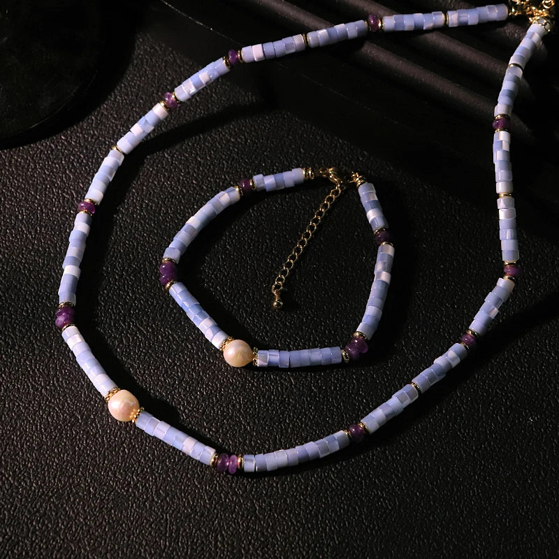 GLSEEVO Natural Freshwater Pearl & Amethyst Handmade Necklace & Earrings Set | Luxury Bridal Jewellery GS0231