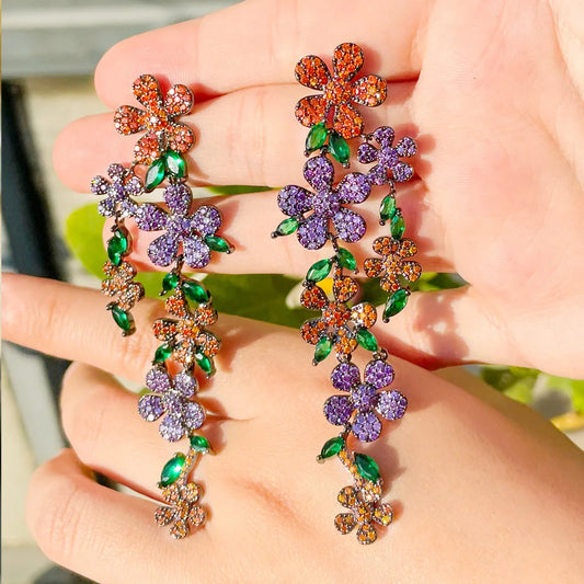 Glittering Multicolor Red Green Cubic Zircon Jewelry Flowers Long Dangling Drop Bridal Earrings for Women Wedding Party