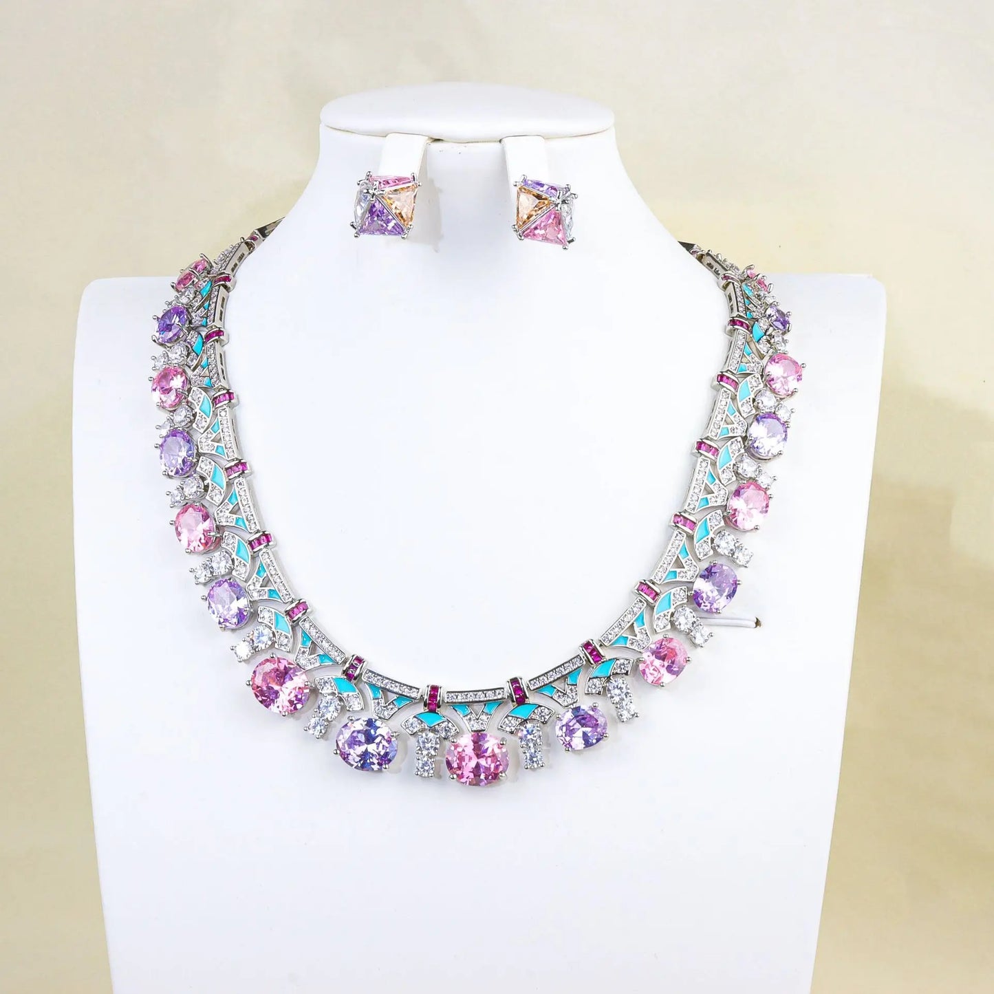 Luxury Flower Zirconia Choker Necklace & Earrings Set — Purple & Yellow
