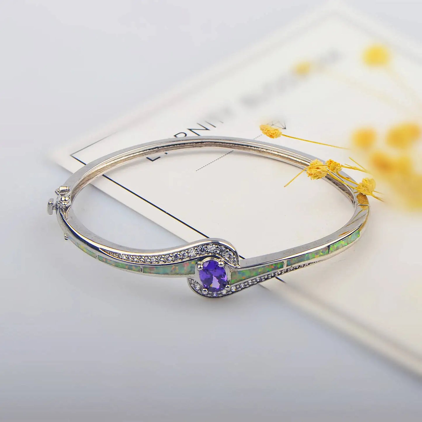 Elegant Blue Opal Bangle Aobao Aquamarine Crystal Inlaid Silver Tone Fashion Jewelry