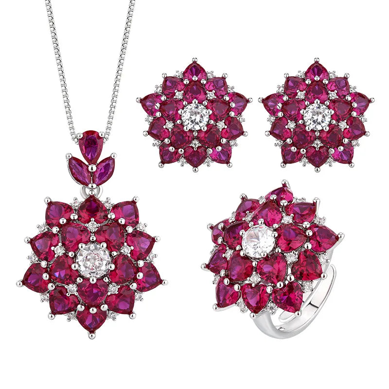 Gemfiori Fashionable Temperament Light Luxury Full of Exquisite Zirconium Elements Brass Micro Inlaid Earrings Necklace Ring Set