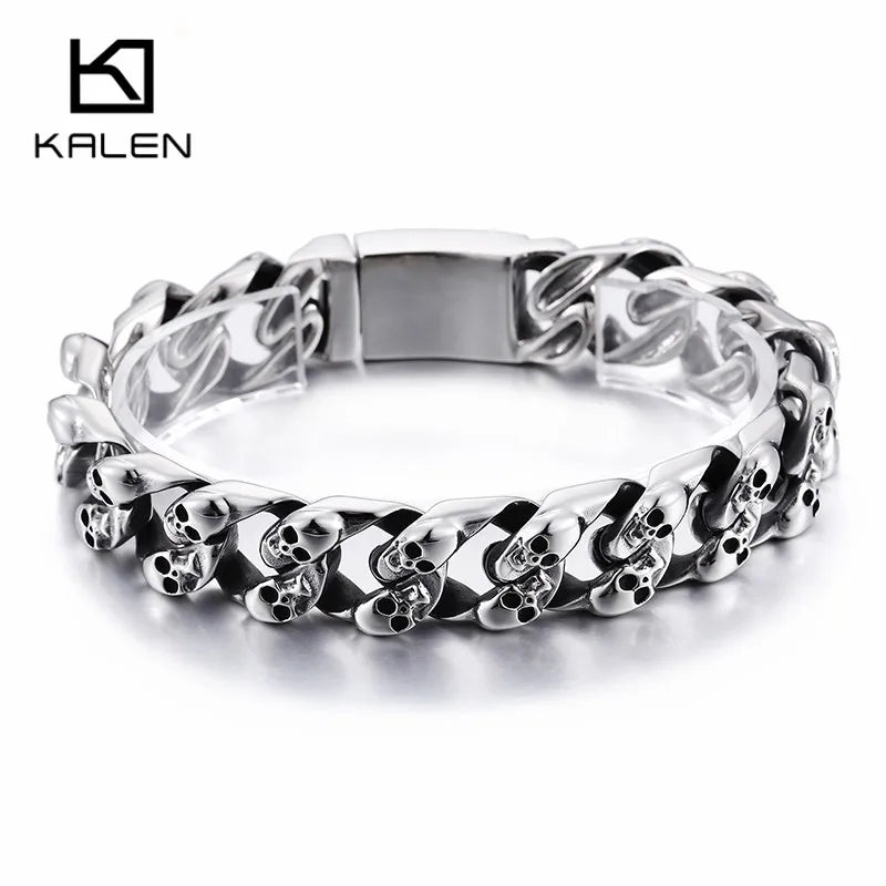 KALEN Gothic Biker Jewelry Punk Charm Bracelets Men 21.5cm Stainless Steel Skull Cuban Link Chain Wrap Bangle