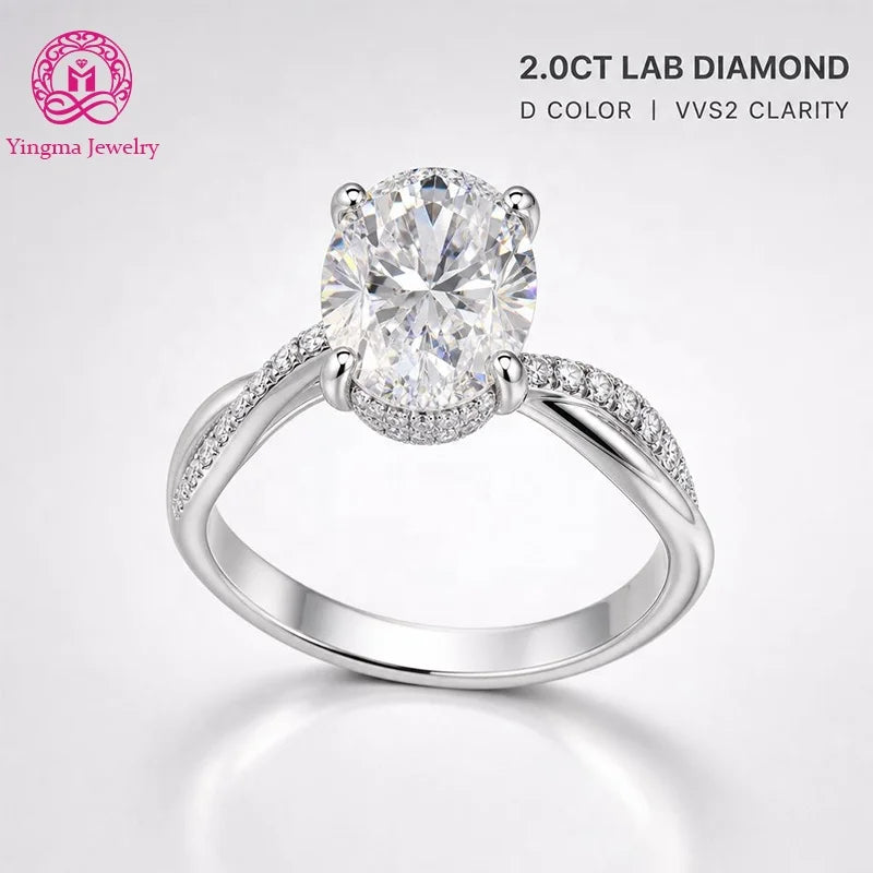 Gioiellieri Luxuriant Oval Cut 2Carat D VVS2 Lab Grown Diamond Ring 9K 10K 14K 18K White/Yellow/Rose Gold PT950 Twisted Shank Promise Ring