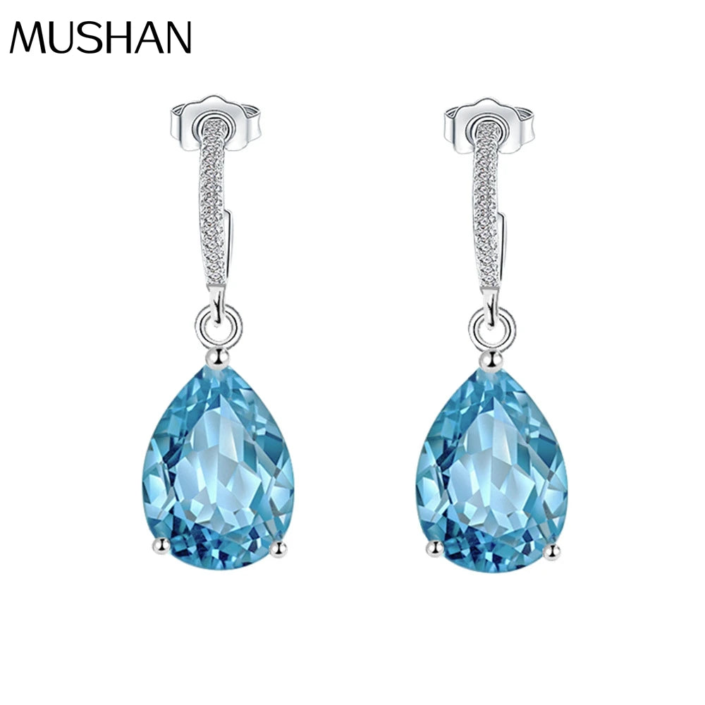 MUSHAN Jewelry Factory 2.6 Carat 7 * 9 Sea Blue Zirconia Water Drop Earrings Women Pure Silver Earrings Fashion Earrings