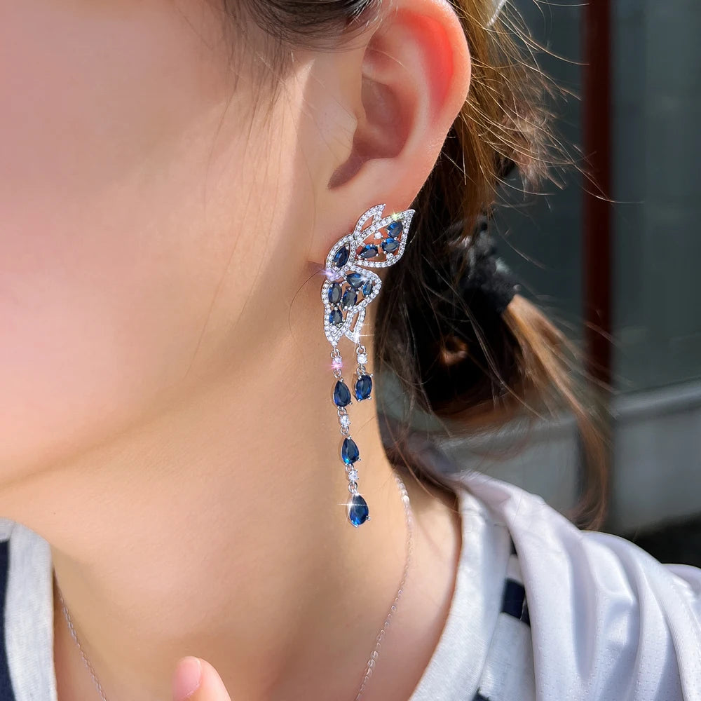 Pretty Royal Blue CZ Zirconia Symmetrical Wing Butterfly Shape Wedding Dangle Drop Earrings for Women Special Occasions Jewelry