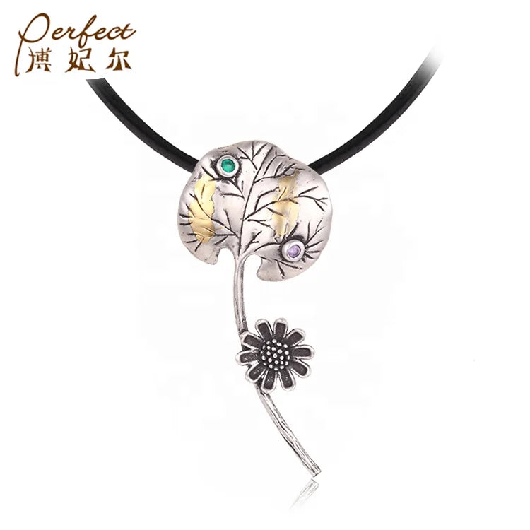 PERFECT Classic Amethyst Flower Lotus Leaf 925 Sterling Silver Anti Silver & Anti Gold Plated Tiny Pendant Necklace