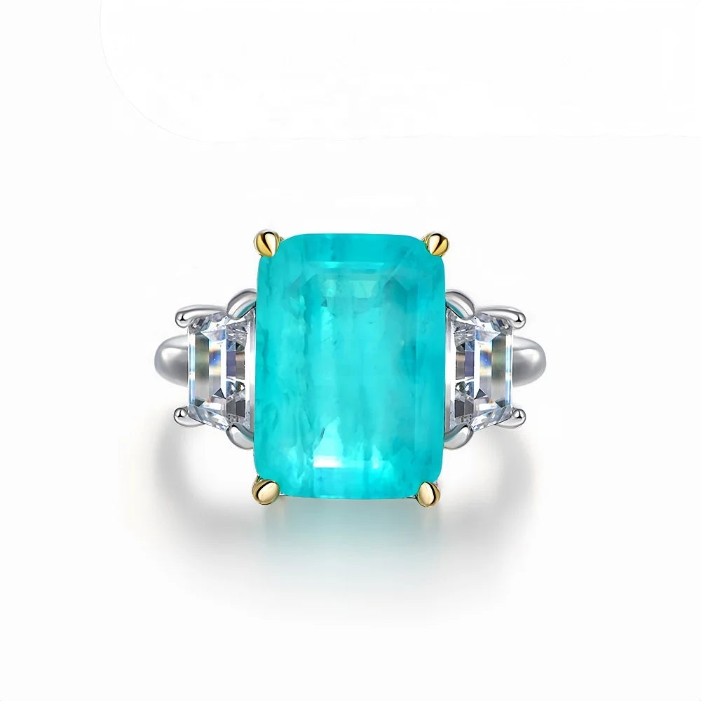 MUSHAN Luxury 925 Sterling Silver Synthetic Paraiba Rectangular 8ct Blue Gemstone Pave Setting Ring for Women Party Anniversary