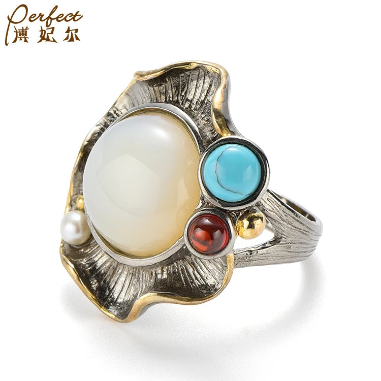 New Trendy Retro Temperament Fancy Sterling Silver Fashion Marine Chalcedony Jewelry Rings