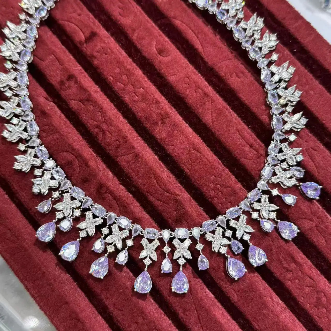 Luxury Cubic Zirconia Geometric Necklace & Earrings Bridal Set — Pink, Green & Purple