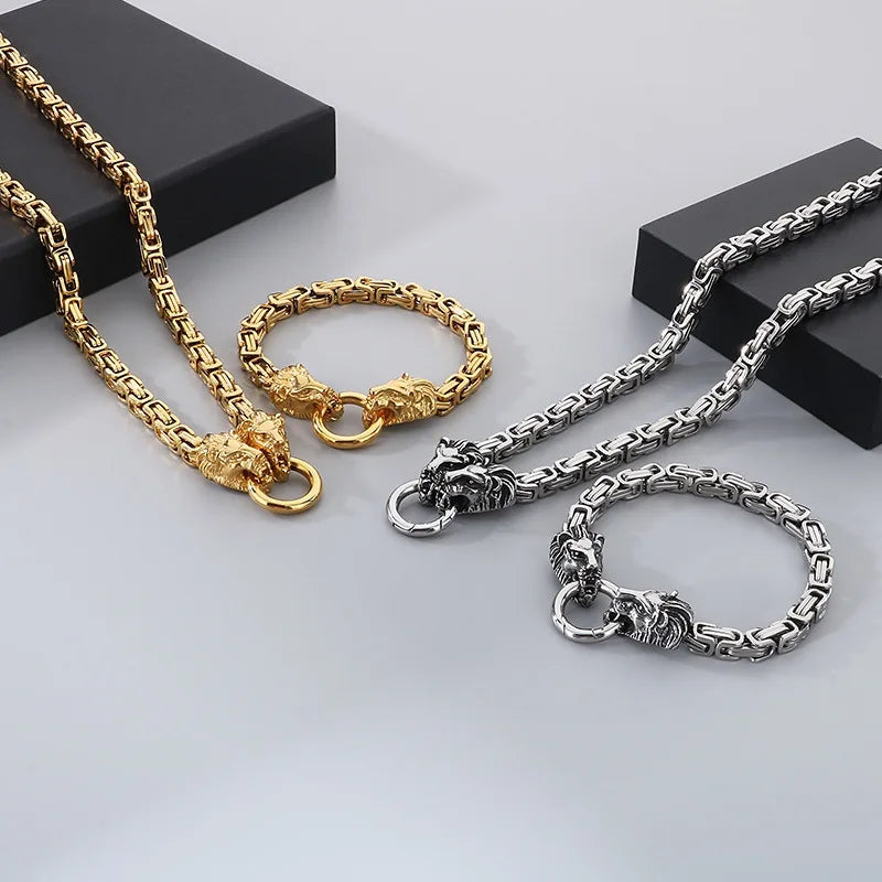 REBEL CY Hip-Hop Style Bold Lion Head Stainless Steel Bracelet Trendy Versatile Men's Imperial Chain Necklace Set Jewelry