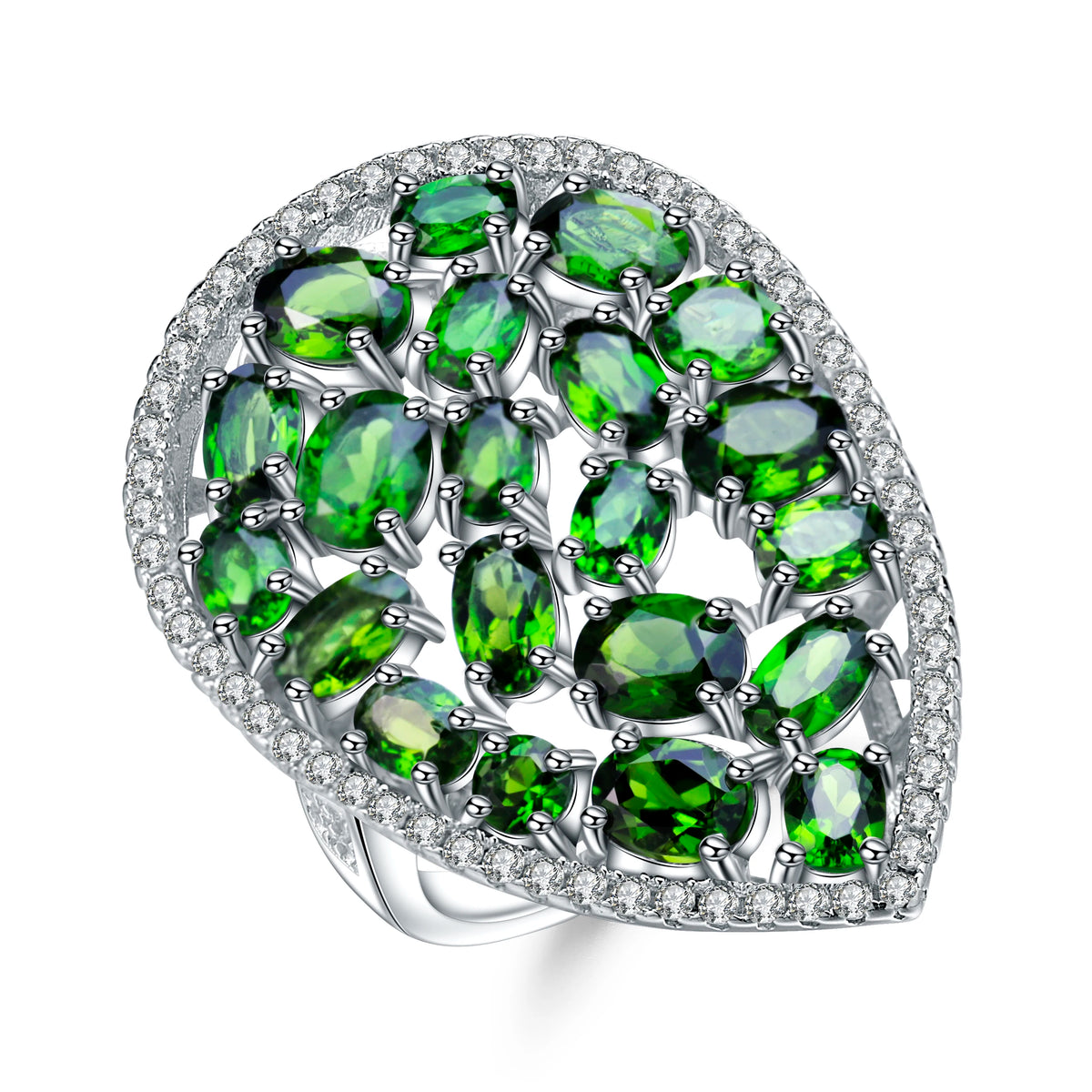 ArtistA Fancy Oval Cut Natural Chrome Diopside Cluster Setting Tear Water Drop Shape Pendant Earrings and Ring S925 3 Piece Jewelry Set