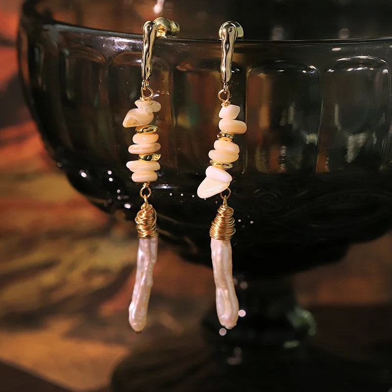 Baroque Natural Pearl Layered Shell Pendant Earrings 18k Gold Plated Handmade Design Earrings for Banquet Wedding Wife GE1820