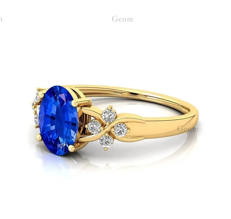 18K Gold Oval Blue Sapphire Gemstone Natural Diamond Halo Solitaire Wedding Ring IGI Certified 0.12Ct 8 Diamonds Rhodium Plated
