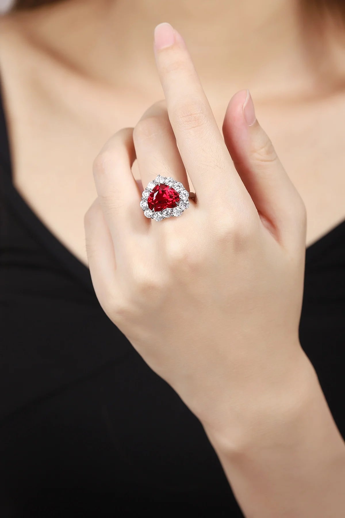 Gemfiori Lab Grown Ruby Heart Cut Engagement Ring Sterling Silver 925 Rhodium Plated Prong Setting Vintage Style Wedding Anniversary